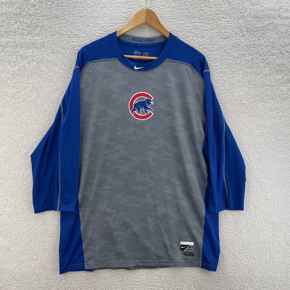 Chicago Cubs Shirt Men 2XL Blue Gray 3/4 Sleeve Nike Pro Dri-Fit Compression MLB